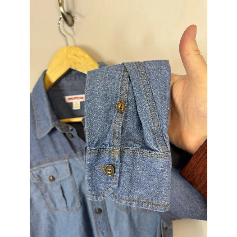 True‎ Religion Mens Two Tone Denim Utility Shirt Blue Colorblock Button Down M